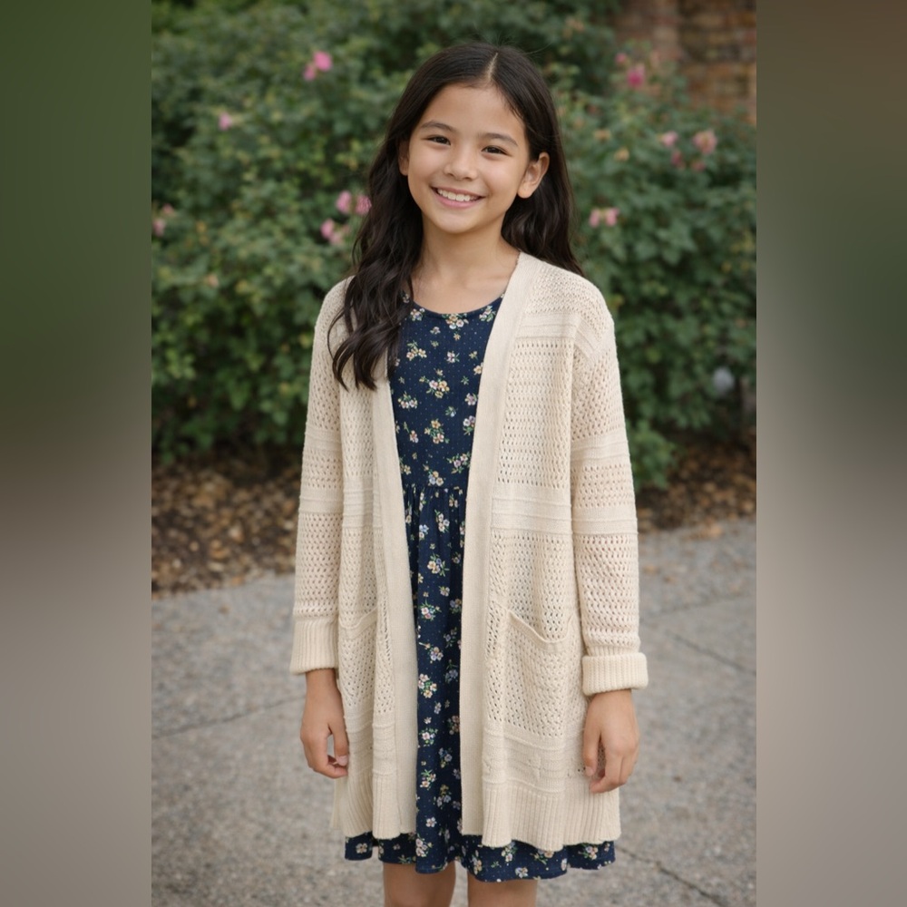 Girls Hooded Open-Knit Cardigan